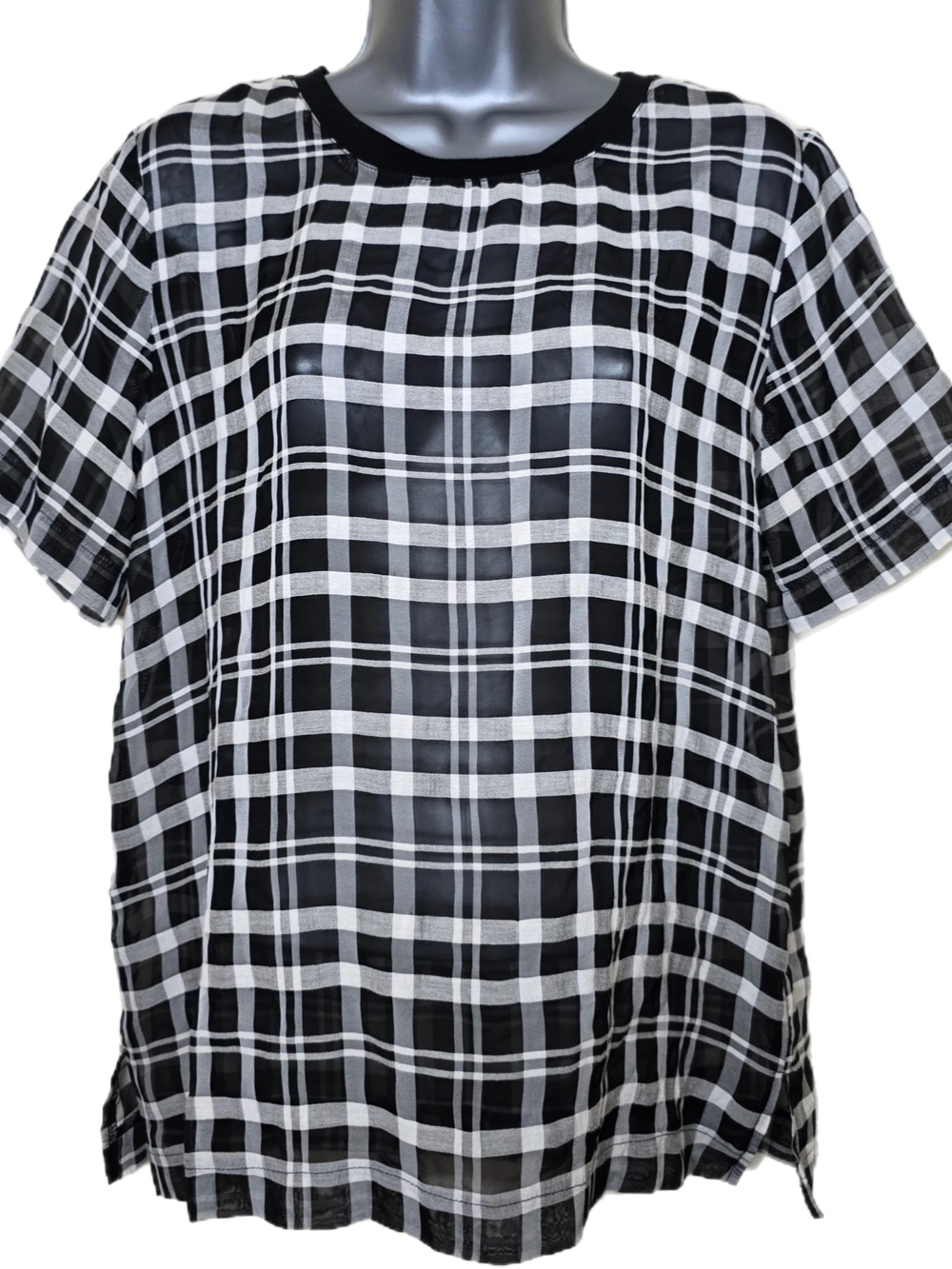 JOA Los Angeles Sheer Plaid Blouse Medium Black White Y2K Minimalist Top